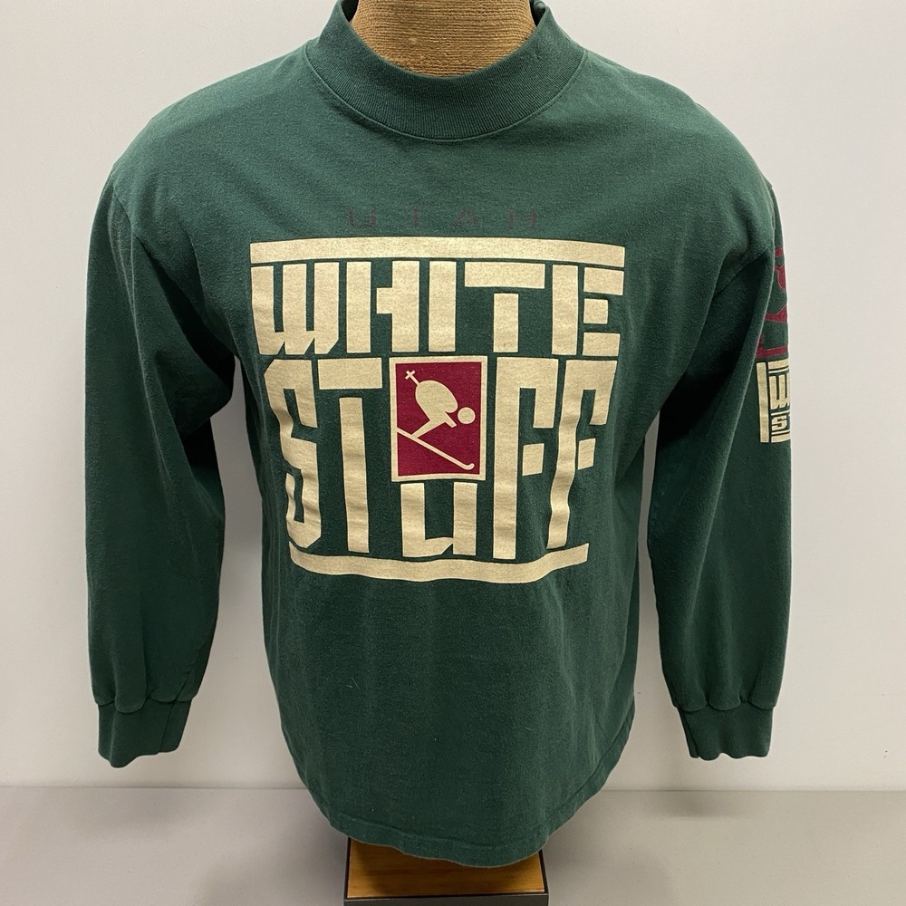 Vtg 90s SKI UTAH White Stuff Adult Sz L Green L/S Tee‎ T-Shirt Cotton Deluxe USA